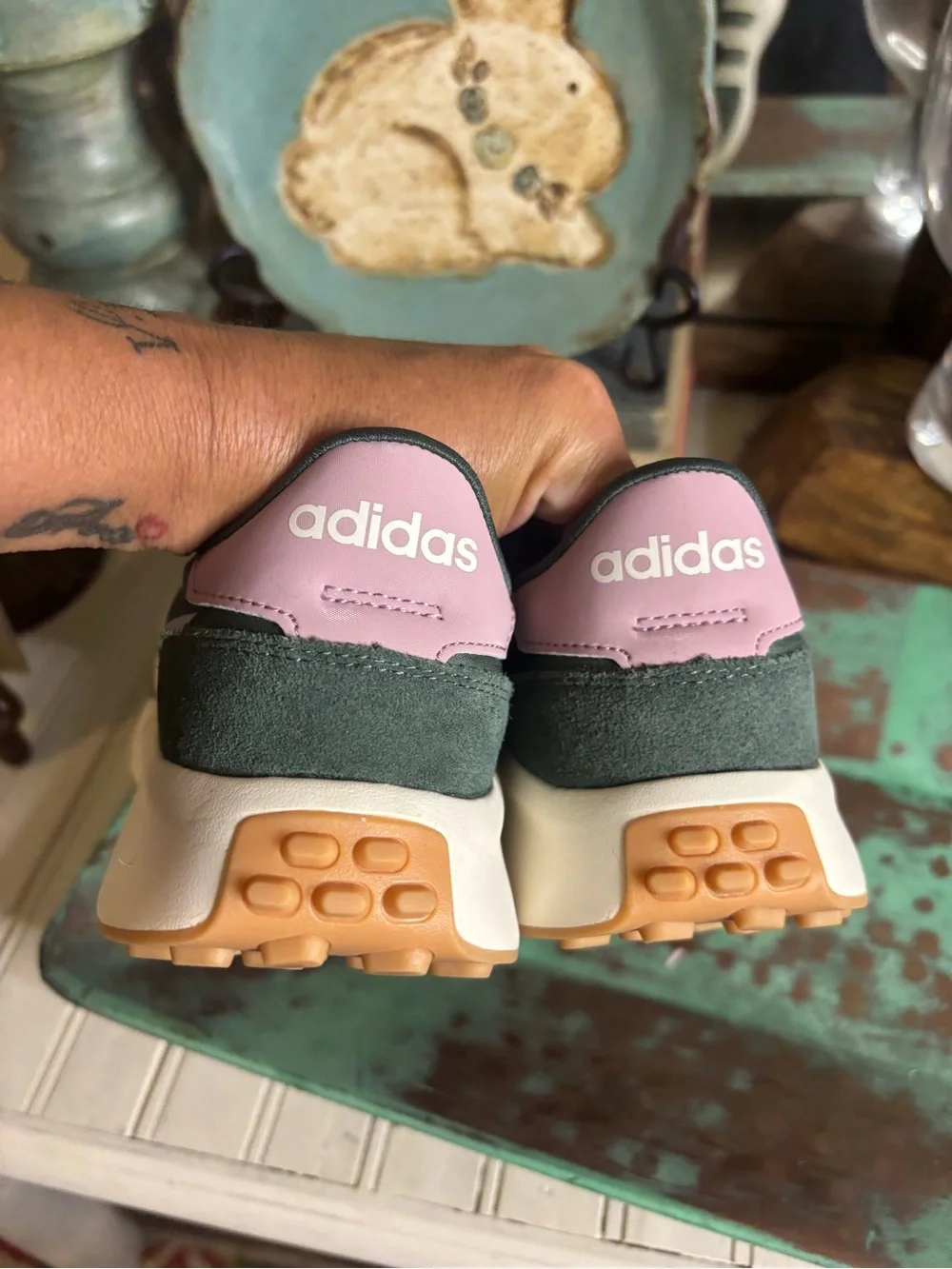 adidas Dark Green Lace-Up Sneakers with White Stripes and Pink Heel